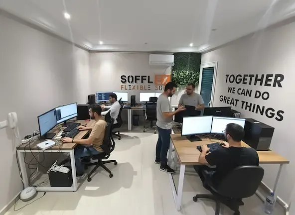 Background image showing Flexible Soft team and workspace